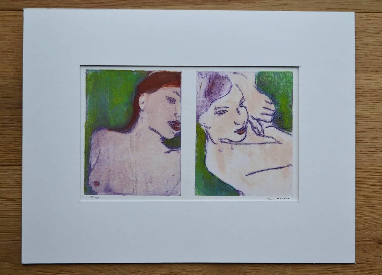 Pair of Nudes in Green:Contemporary Limited Edition Etching - Print by Ian Laurie