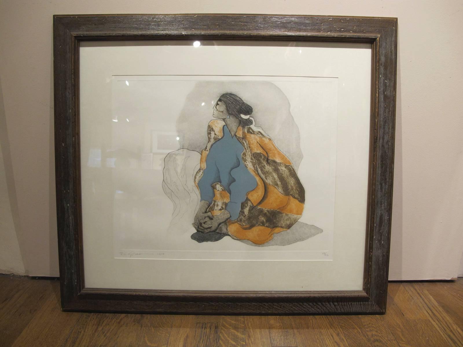 Rudolph Carl Gorman Figurative Print - Untitled Woman, by RC Gorman, original, lithograph, framed, Navajo, blanket