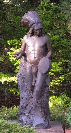 Vintage Beat of the Drum Paul Moore bronze Native American man with Drum, headdress 