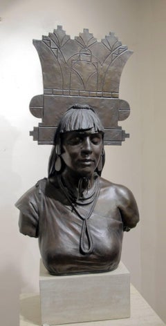Tablita Paul Moore Pueblo Indian dancer, female headdress bronze limestone base 