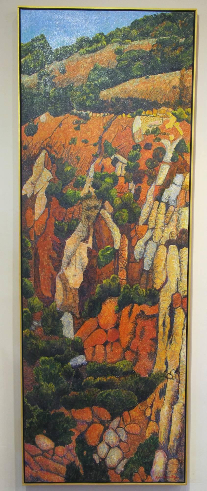 John Hogan Landscape Painting - Red Hillside, vertical landscape painting, reds, oranges, cream, blue sky