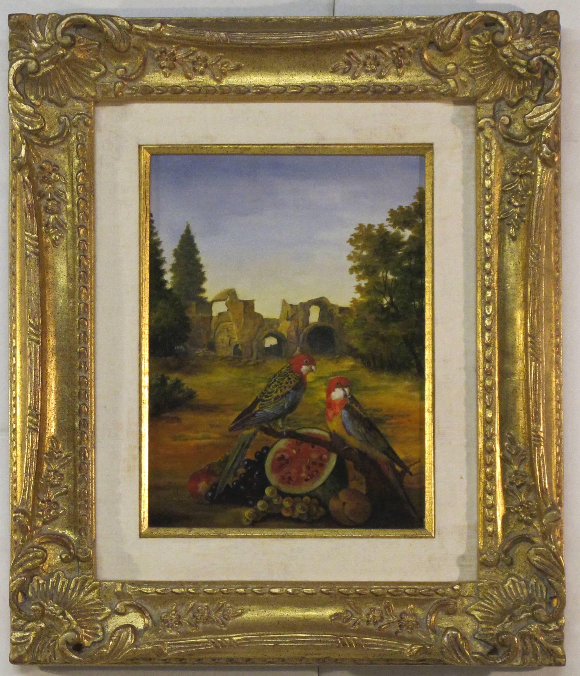 Unknown Animal Painting - Landscape with Ruins, Parrots & Watermelon