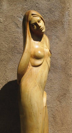 New Day by Troy Williams wood sculpture, female figure, Santa Fe artist