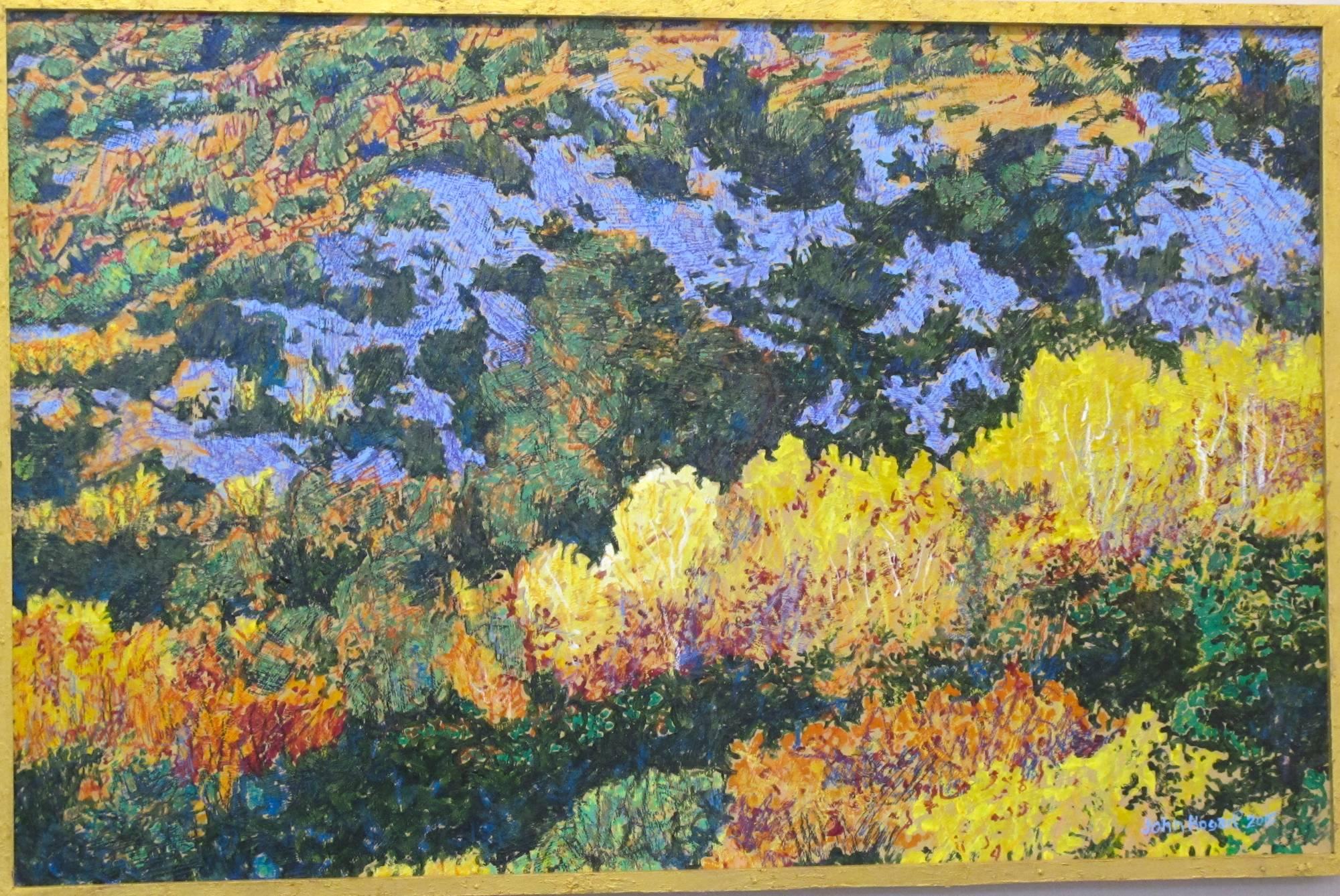 John Hogan Landscape Painting – Herbst Aspens-Rio En Medio, New Mexico, Landschaftsgemälde, gelb, blau, grün 