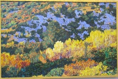 Vintage Autumn Aspens-Rio En Medio, New Mexico Landscape painting, yellow, blue, green, 