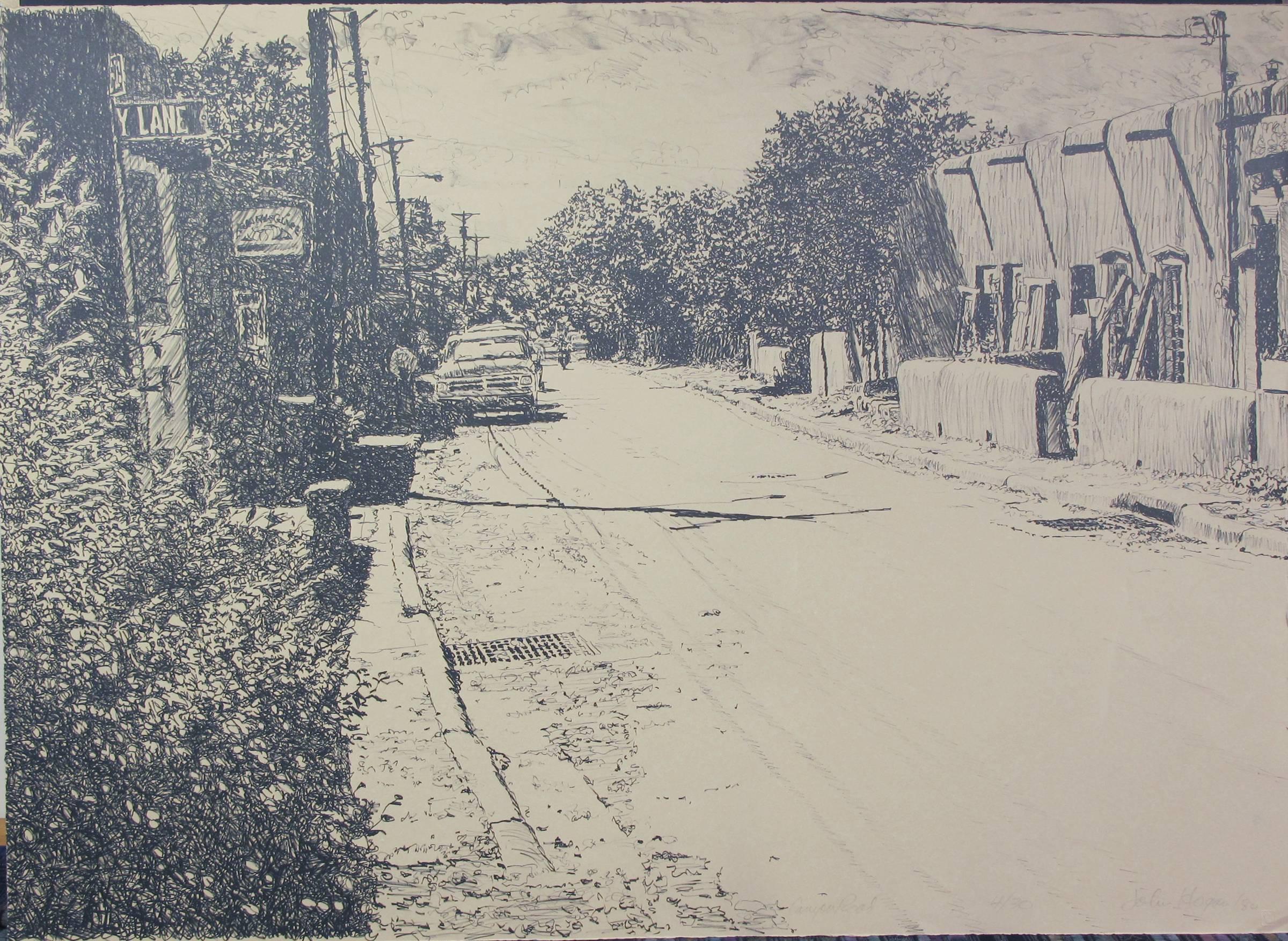 Canyon Road, by John Hogan, lithograph, edition, black, white, Santa Fe
hand pulled lithograph edition signed and numbered by the artist
unframed
30 x 44 paper size

John Hogan  A graduate of Northeast Louisiana State University with a bachelor's