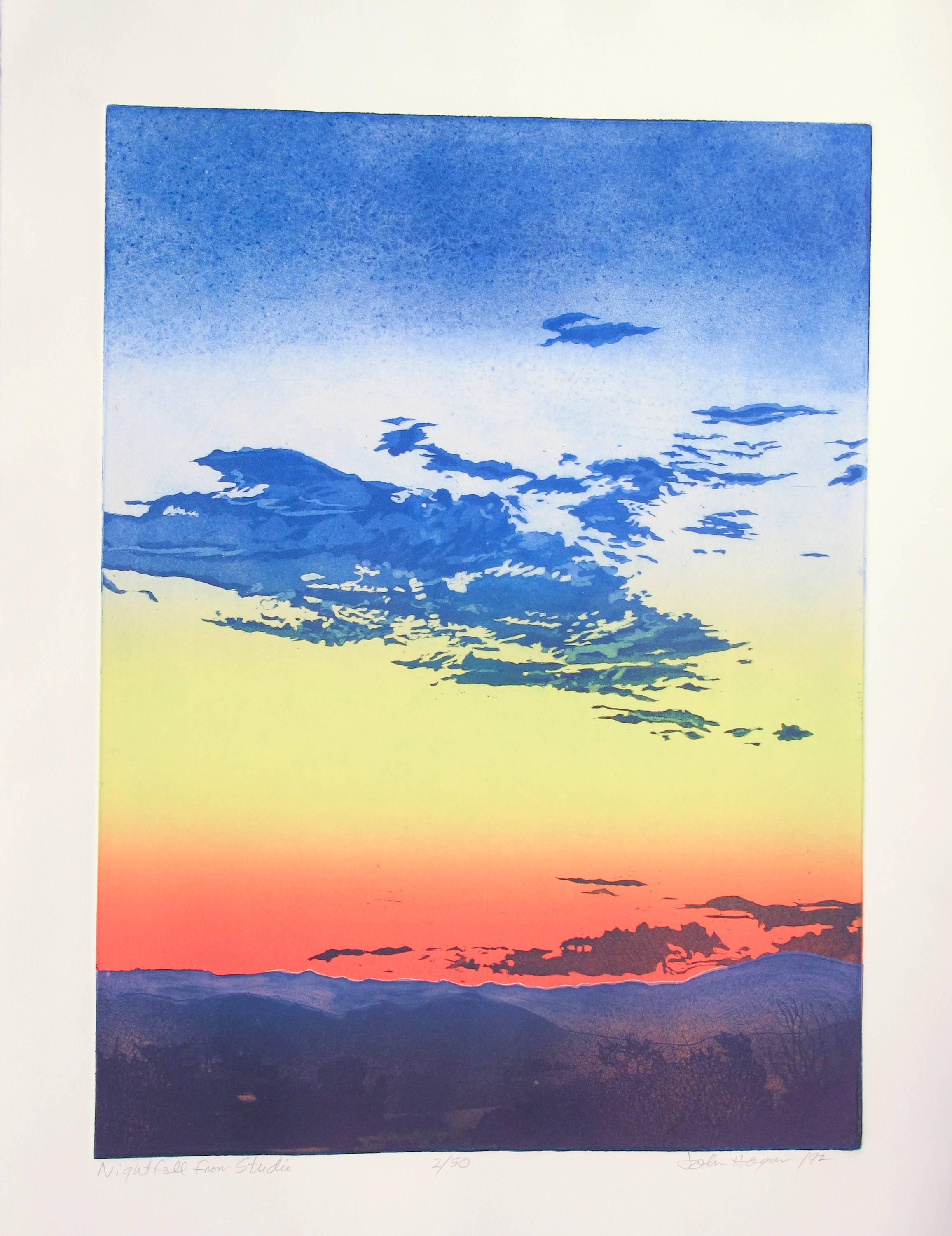 Night Fall From Studio, John Hogan, Santa Fe landscape rose blue yellow etching 