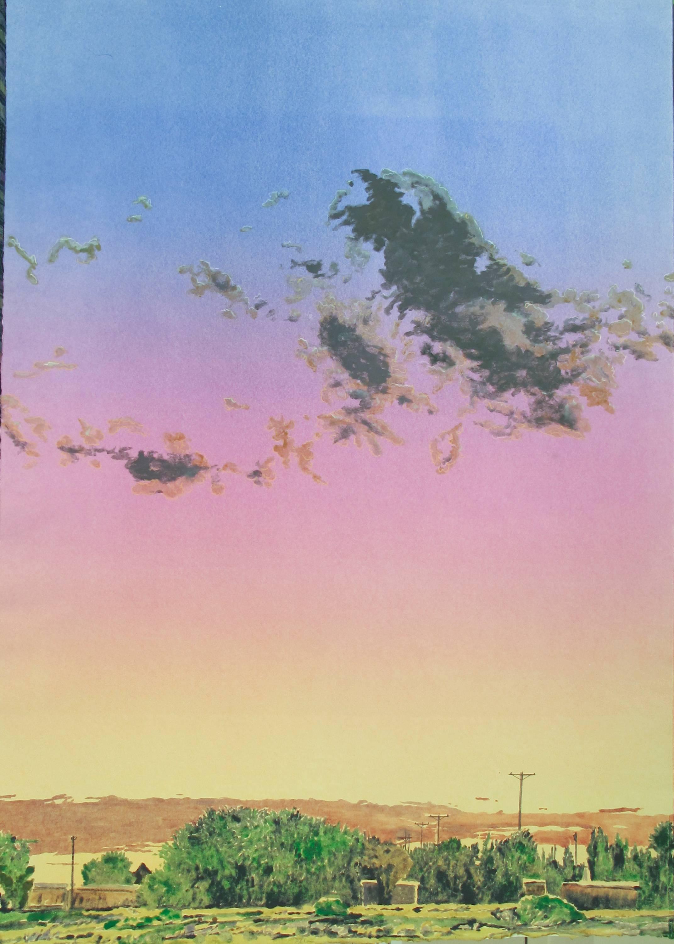 Sunset Agua Fria Village, by John Hogan, Santa Fe, monoprint, landscape, pink,