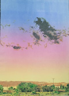 Vintage Sunset Agua Fria Village, by John Hogan, Santa Fe, monoprint, landscape, pink,