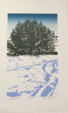 Vintage Cedar Snow, woodblock print, Santa Fe desert scene