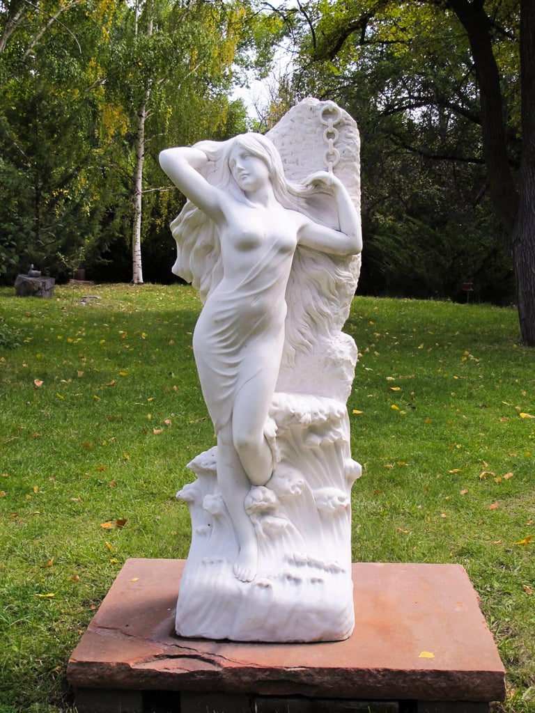 Unknown Figurative Sculpture - Andromeda, white marble, female figure, waves, chain, nude, classical sculpture