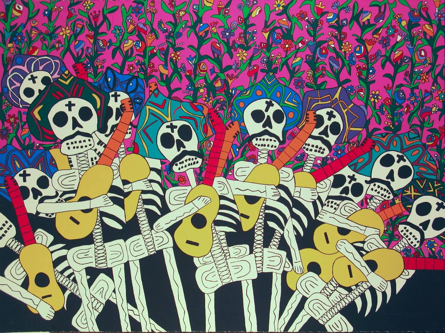 Hechale, Eduardo Oropeza, skeleton band, pink, red, white, black, day of the dead