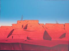 Talavie, Hopi desert landscape, village scene, blues, reds, Early morning