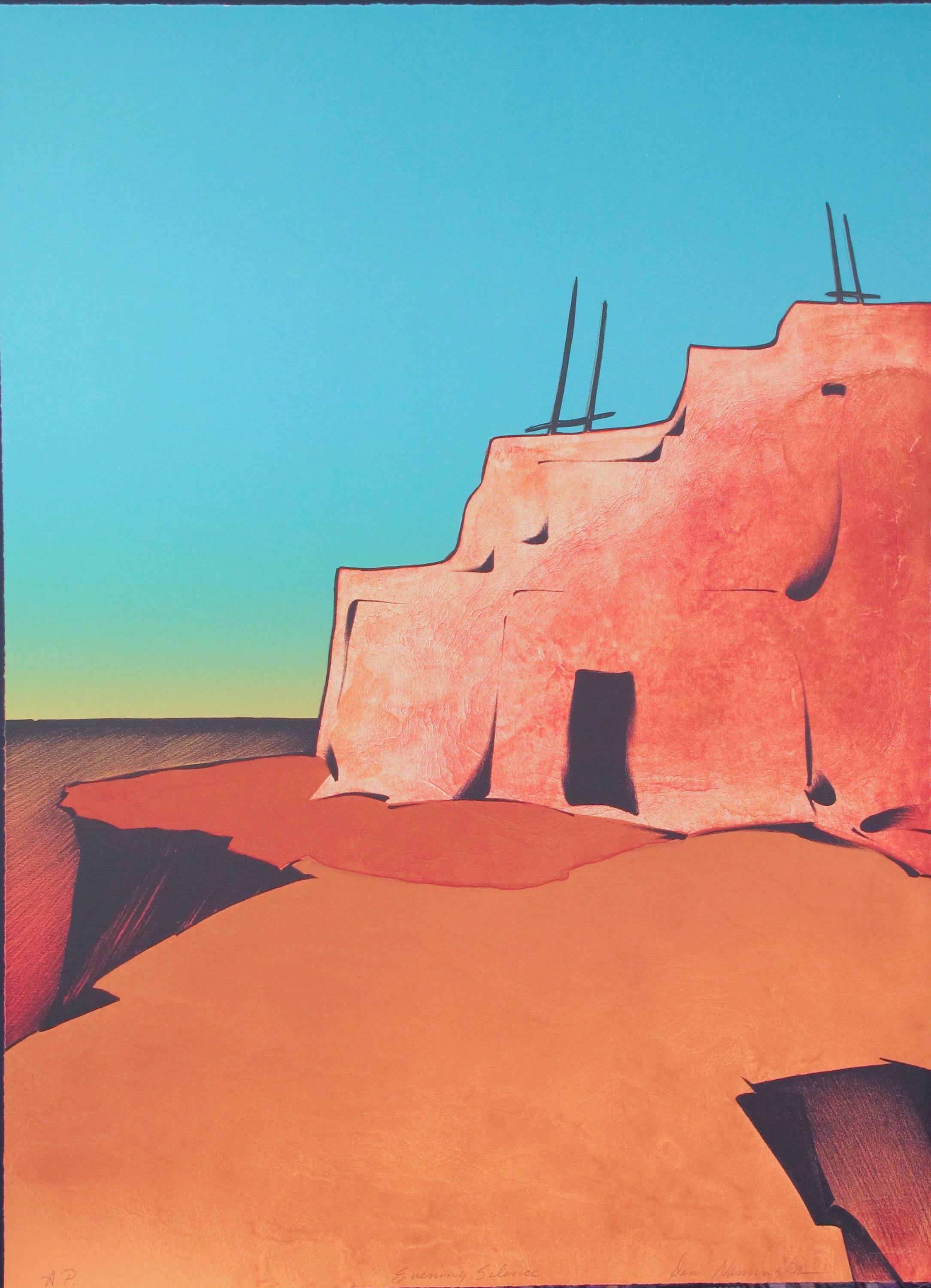 Dan Namingha Landscape Print - Evening Silence, Hopi, desert, landscape, turquoise, oranges
