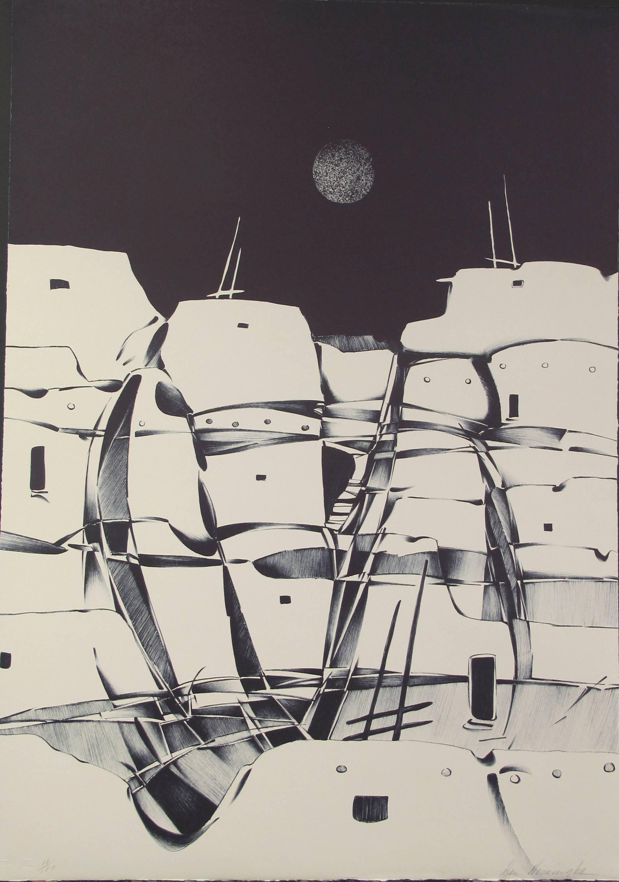 Night Pueblo, black & white, landscape, lithograph Dan Namingha Hopi