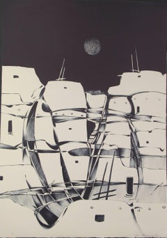 Night Pueblo, Schwarz-Weiß, Landschaft, Lithographie Dan Namingha Hopi