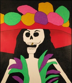 Sombrero Rojo, Eduardo Oropeza Day of the Dead, squelette, dent dorée, chapeau rouge