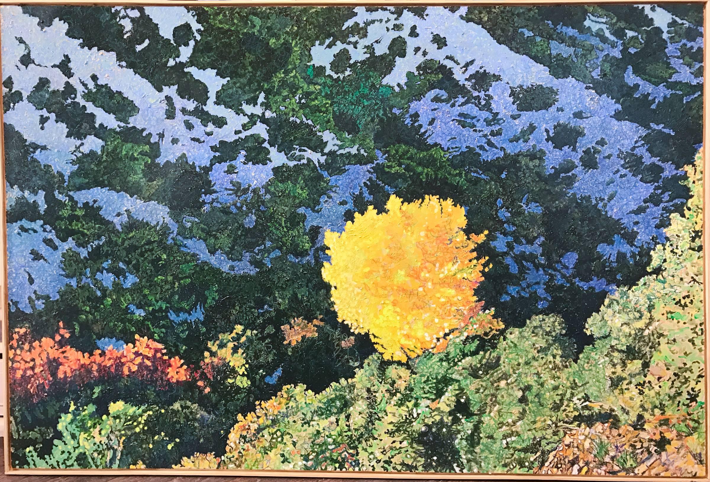 John Hogan Landscape Painting - Sunlight Cottonwood, desert landscape painting, canvas, yellow, blue, green, Santa Fe
