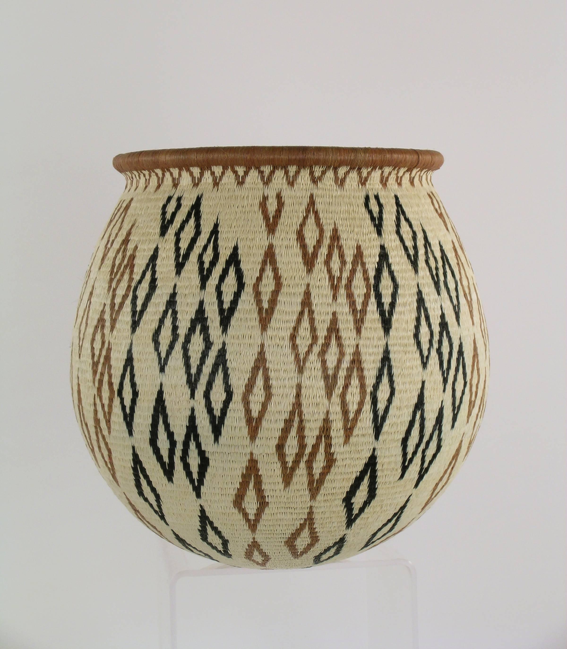 Wounaan Tribal Basket by Miriam Cansare, fine woven basket, beige, diamond shape - Art by Unknown