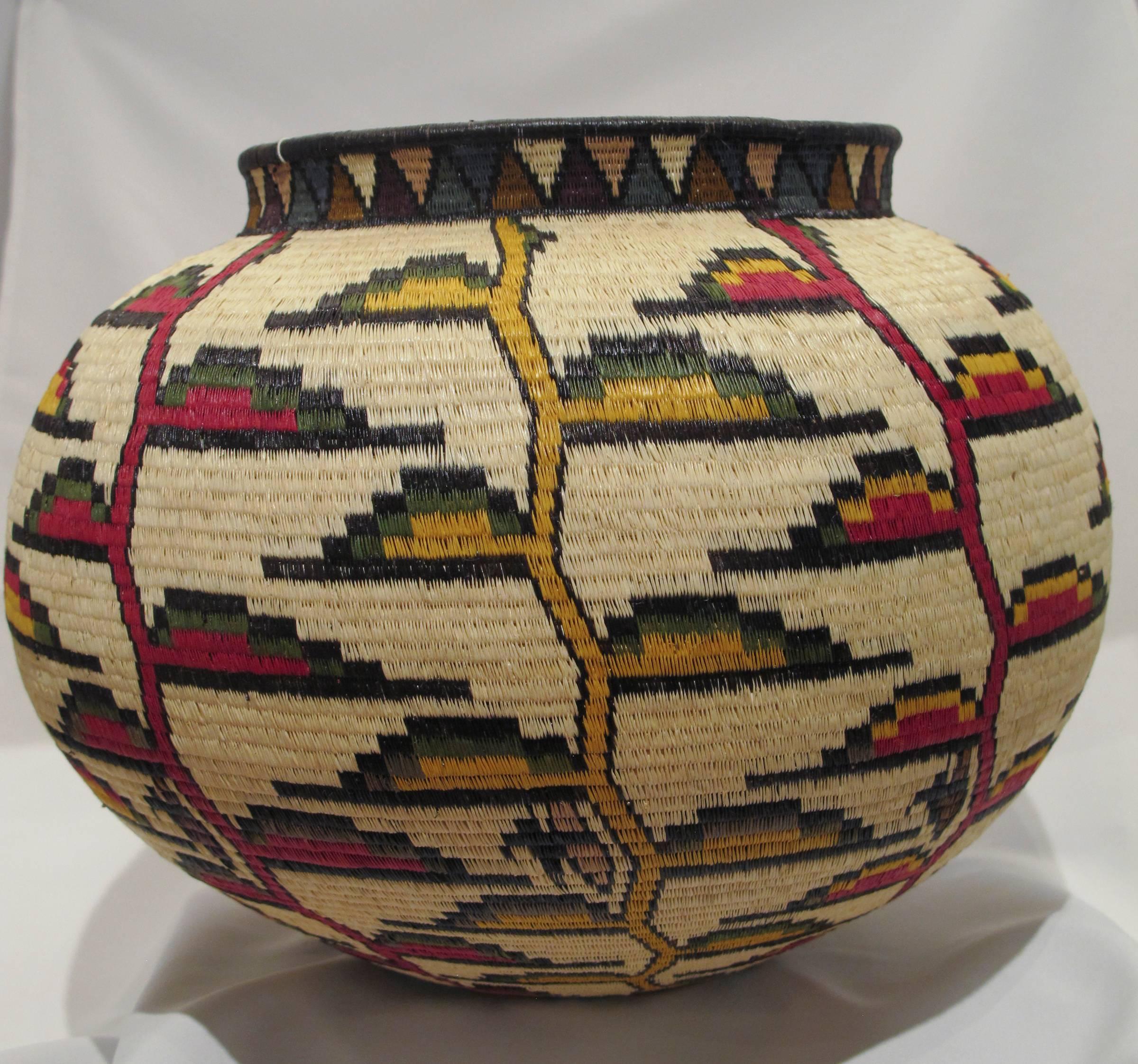 Rainforest Basket Wounaan Tribe red white yellow ginger green Panama - Mixed Media Art by Unknown