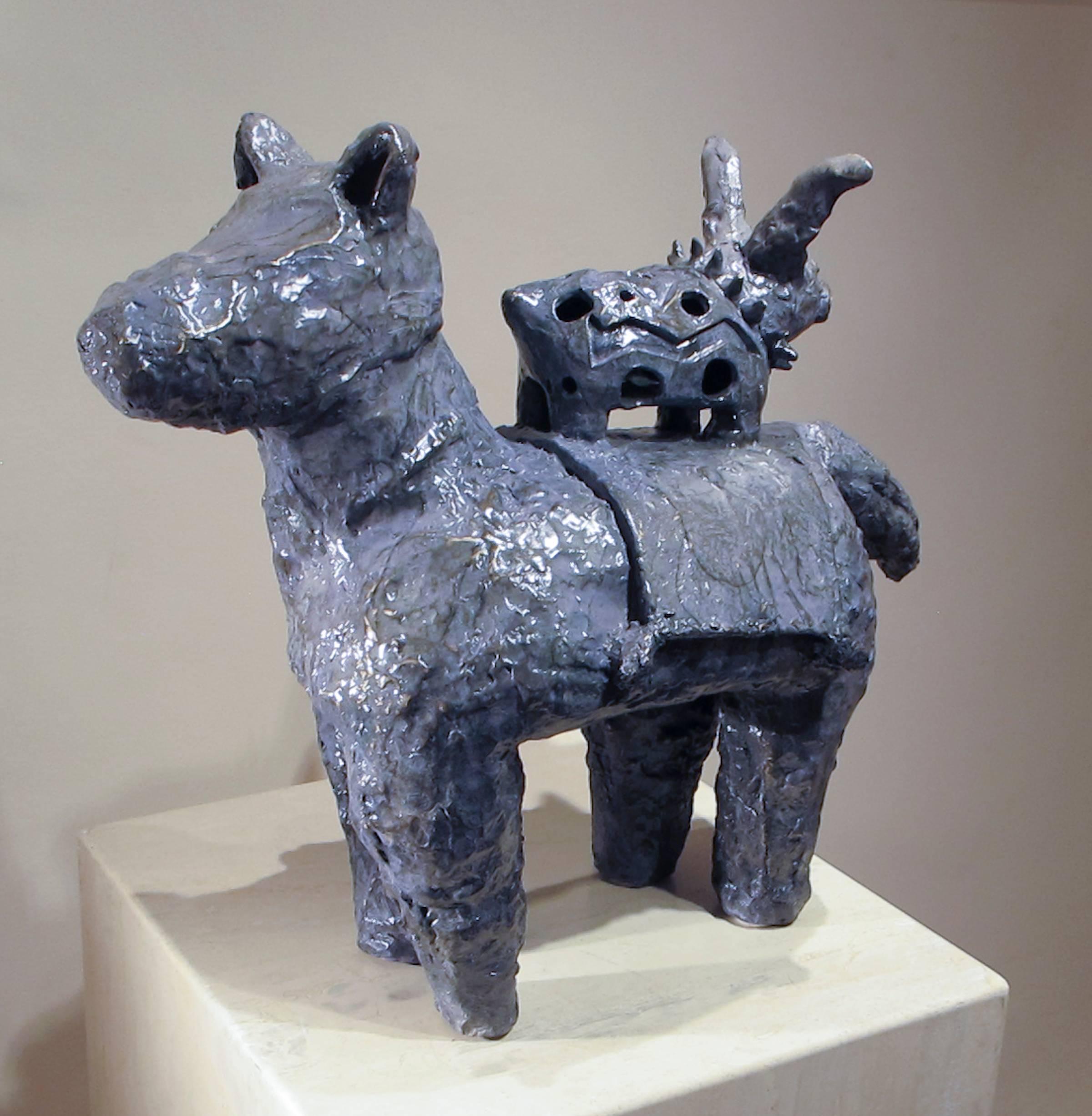 Melanie Yazzie Figurative Sculpture - Jackie and Turtle Go to Winslow on Saturday, rabbit, horse, blue, Navajo, Native