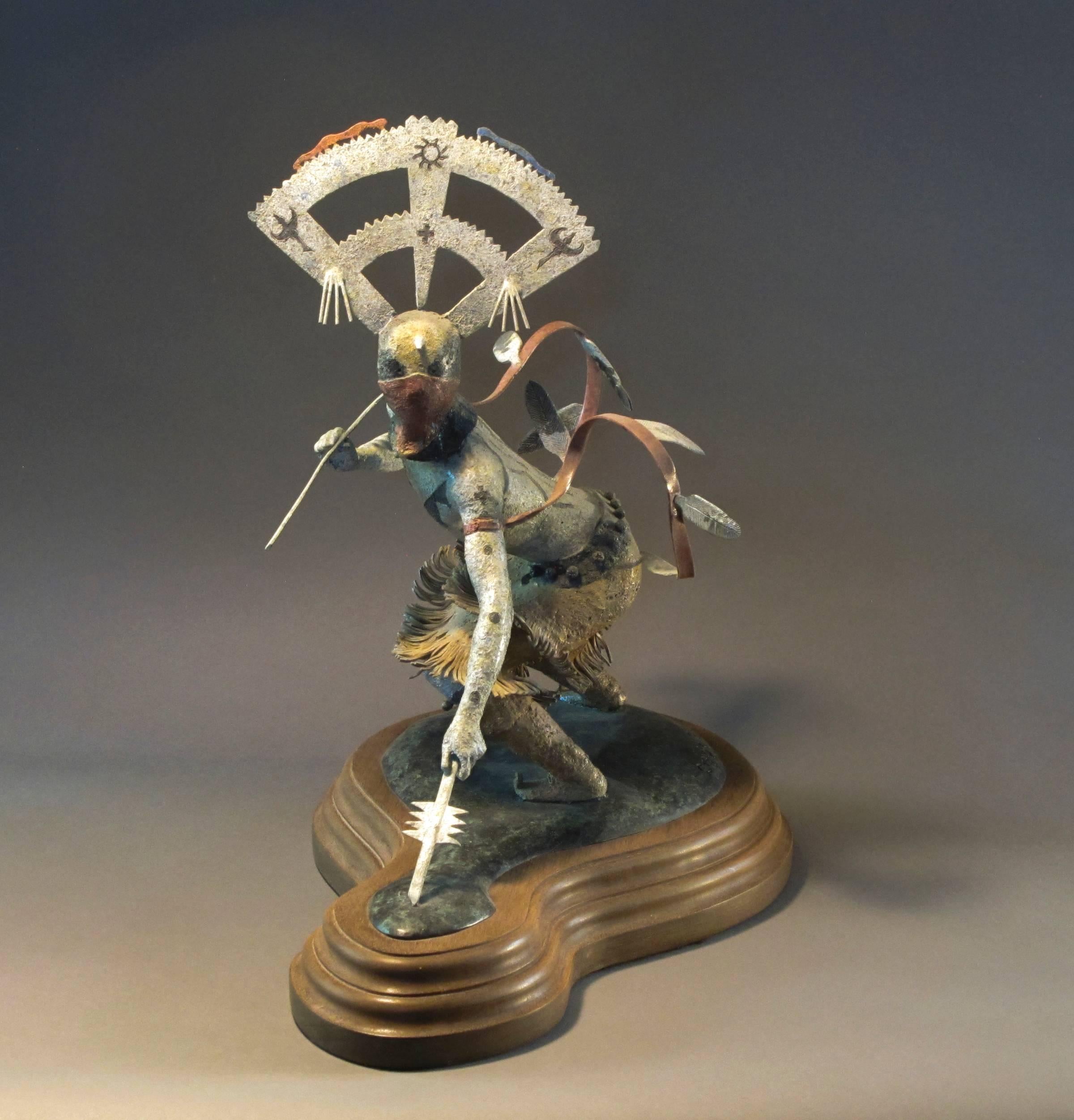 Craig Dan Goseyun Figurative Sculpture - Gahn Dancer, Apache Mountain Spirit Dancer, bronze sculpture colored patina