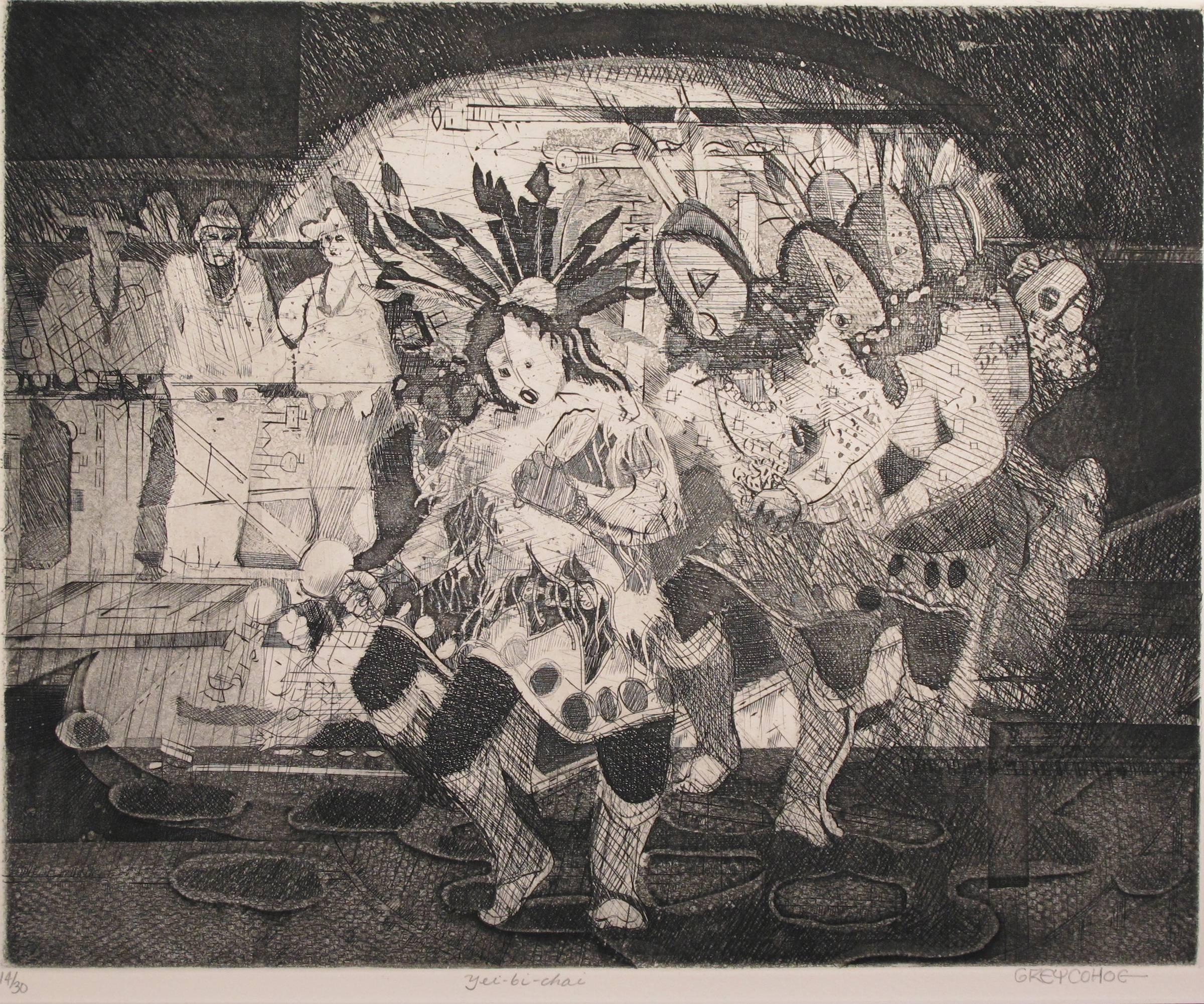 Grey Cohoe Figurative Print - Yei Bi Chei, etching, Navajo ceremony, black, white