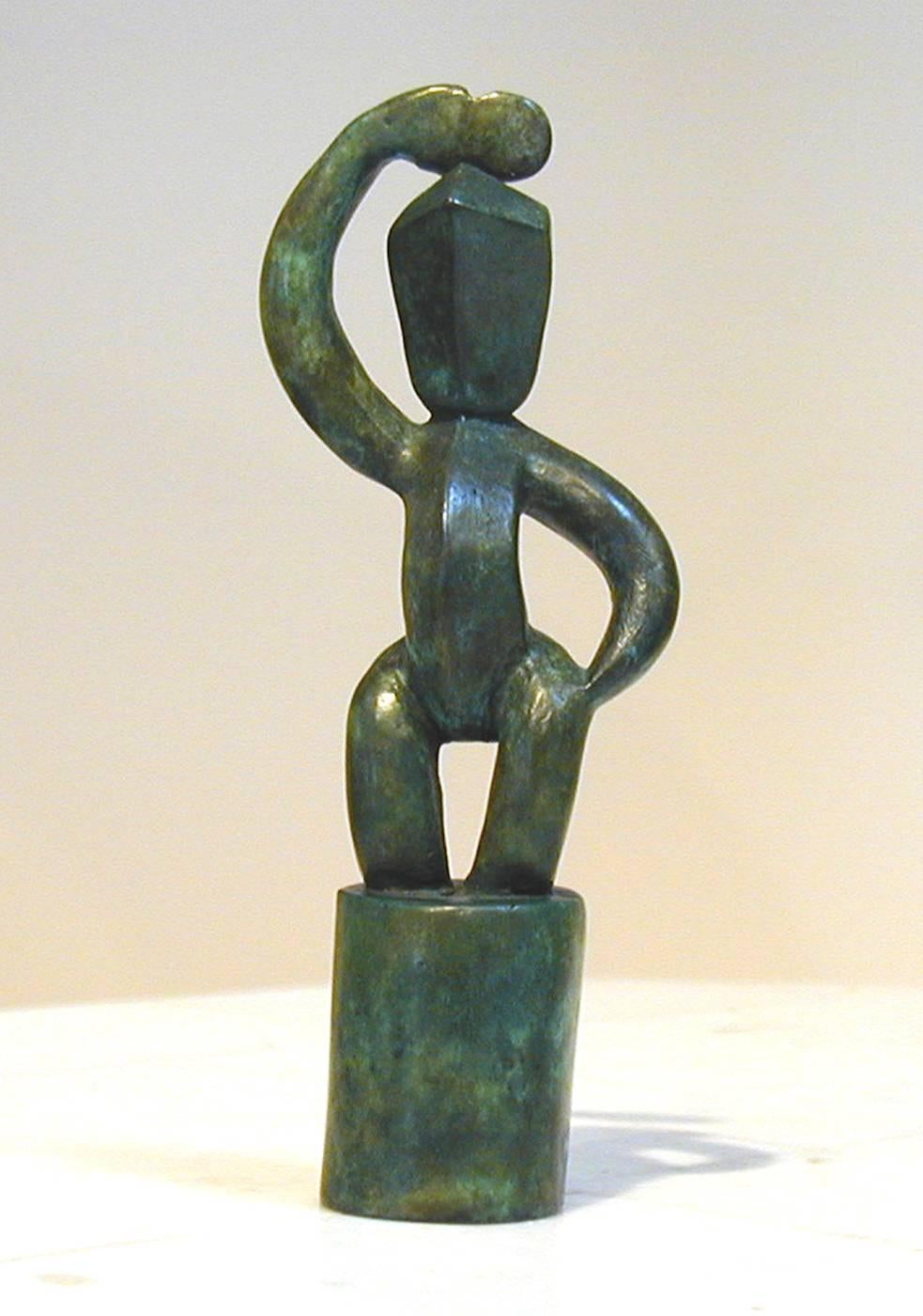 Wi Taepa Figurative Sculpture - E Tu (Stand Tall), contemporary Maori sculpture, green patina, warrior figure