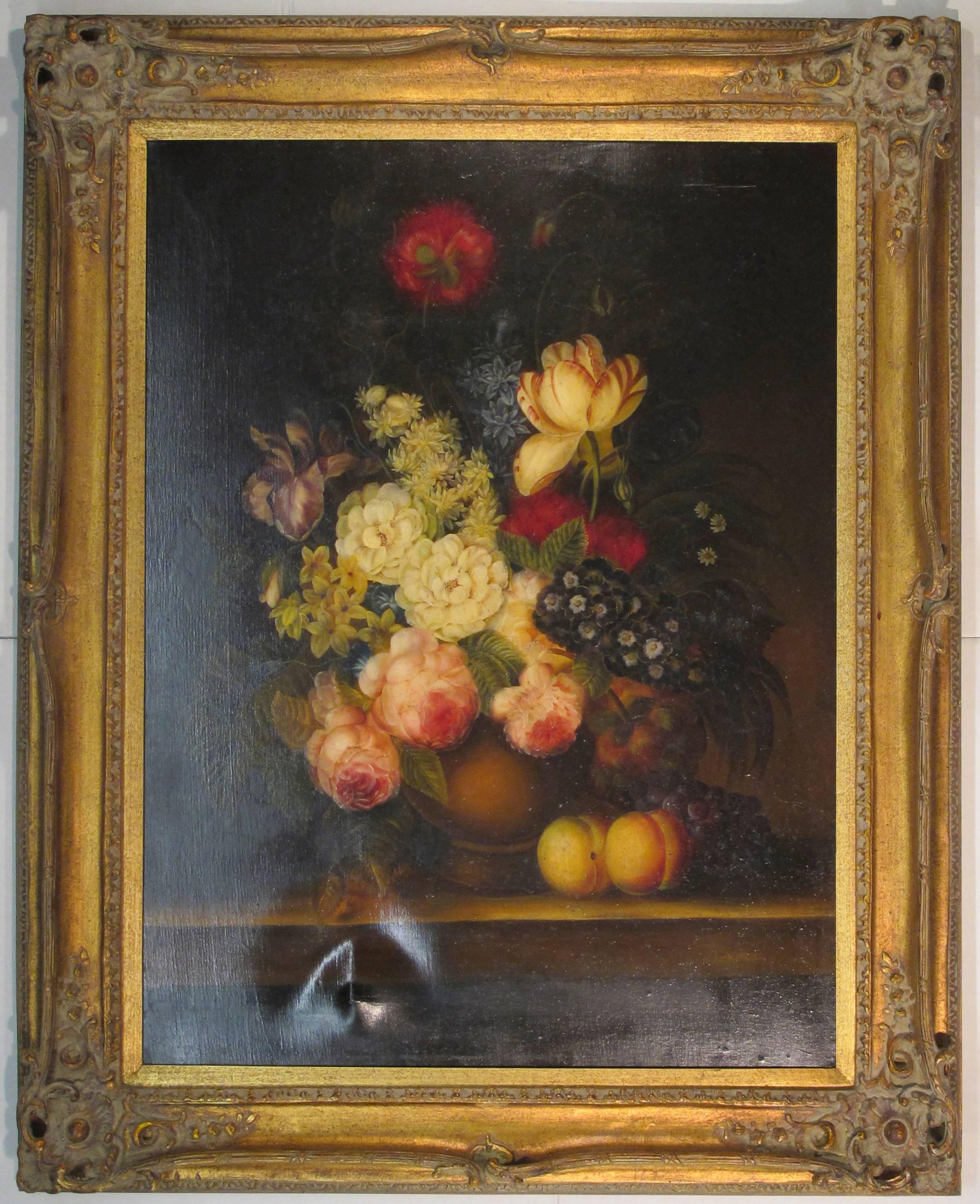 Unknown Still-Life Painting - Still Life with Flowers and Fruit on a Table, French school