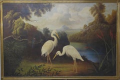 Cranes in Landscape, oil painting, Continental School, 19th Century, birds