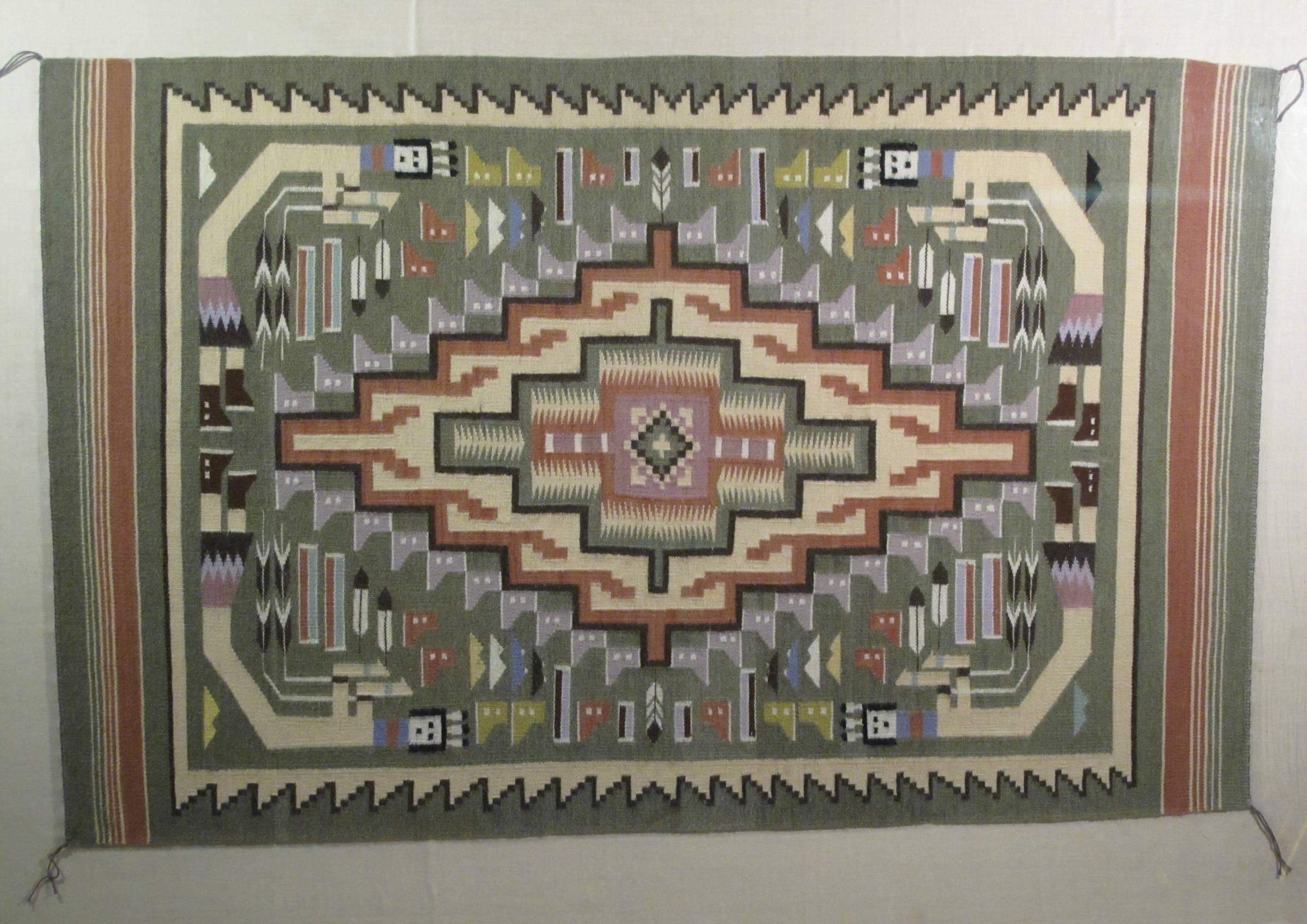 Shoe Game, Wool Navajo rug, coral, green, blue &amp; ivory weave - Mixed Media Art by Victoria Keoni