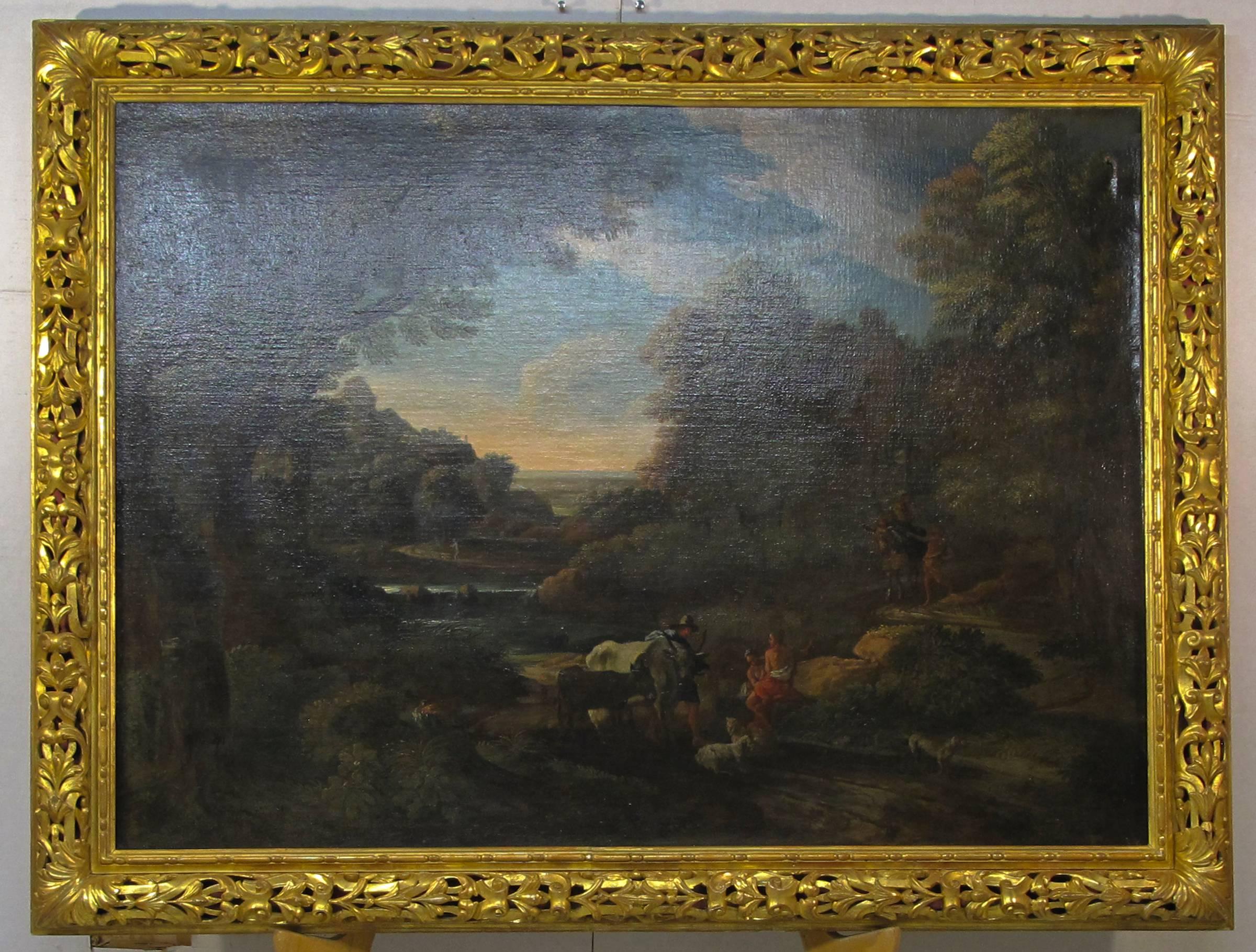 Gaspard Dughet Landscape Painting - Roman Countryside, old master, landscape, gold frame