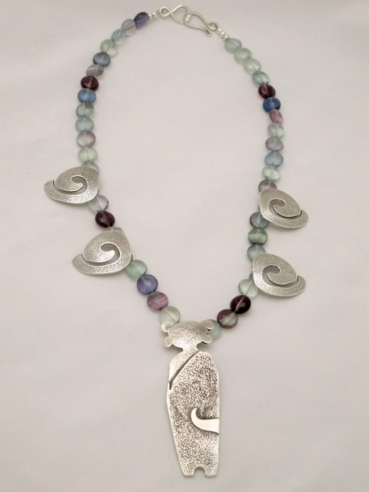 Standing Guard necklace, sterling silver, fluorite beads - Contemporary Mixed Media Art by Melanie Yazzie