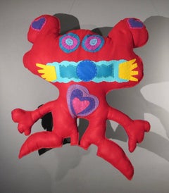 Free-Range Critter, soft sculpture, red and turquoise