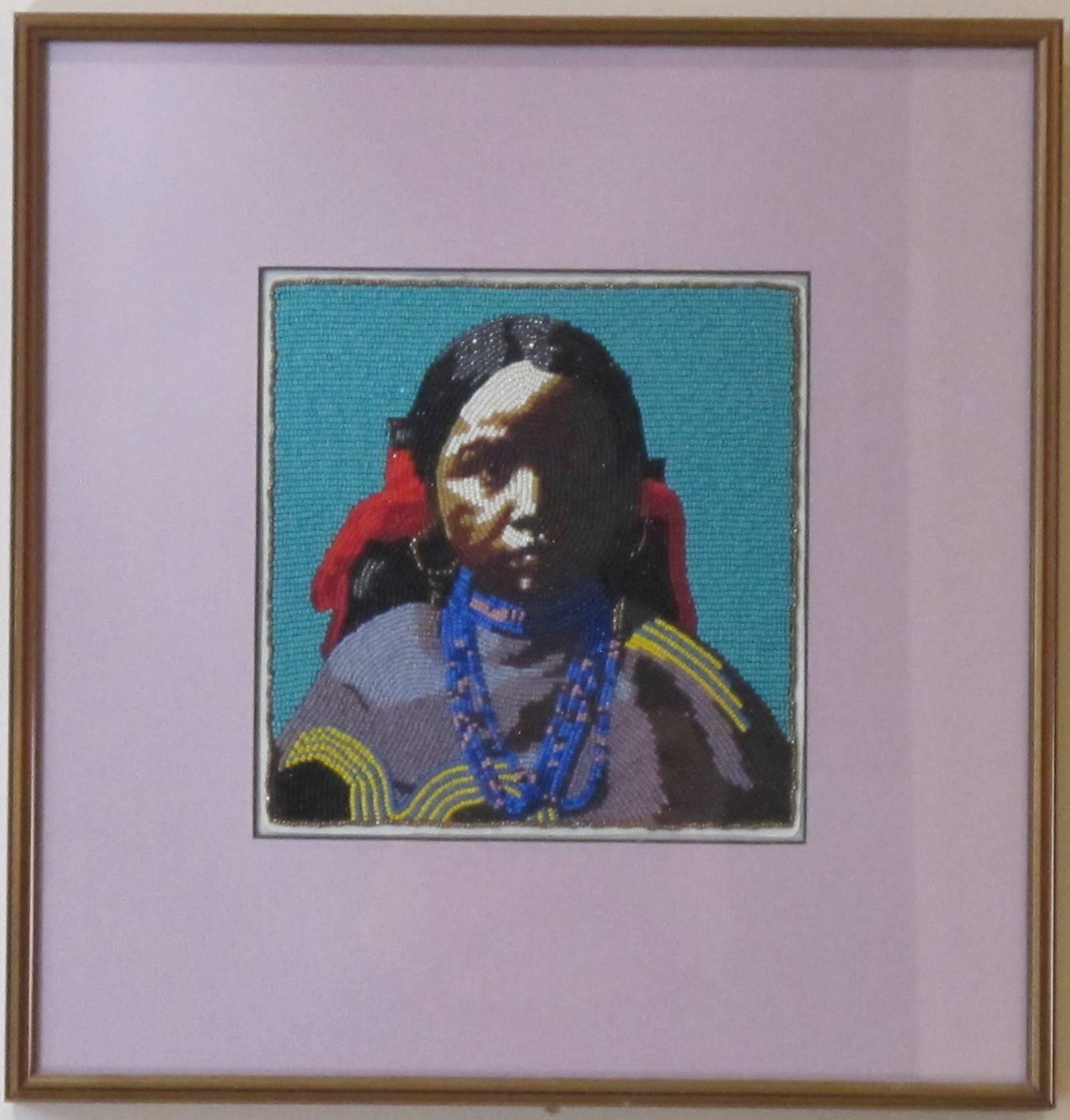 Jicarilla Girl, beaded portrait of Native American girl - Painting by Marcus Amerman
