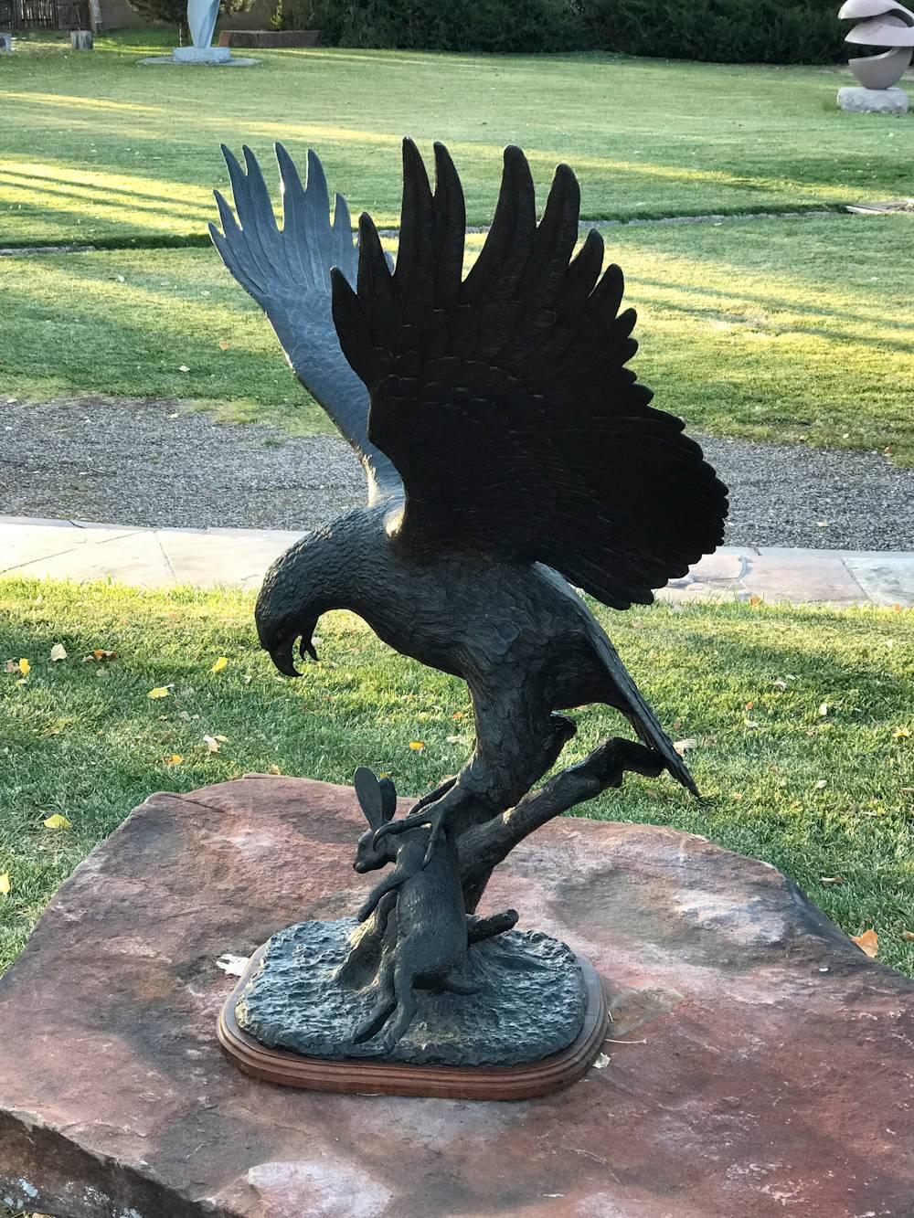 Juan Martinez Figurative Sculpture - Hawk and Rabbit, wildlife scene bronze action sculpture hawk captures rabbit