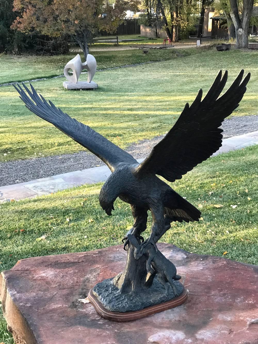 Hawk and Rabbit, wildlife scene bronze action sculpture hawk captures rabbit

Bronze casting of hawk capturing a rabbit
Signed in base, Juan Martinez, 1977