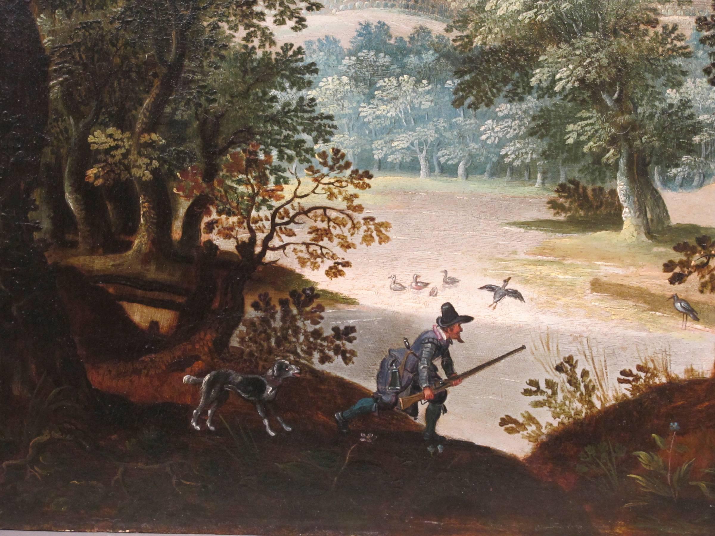 Hunters Shooting Geese
Artist/maker: Attributed to David Vinckboons Origin/country: Flemish, 1576-1632
Medium: Oil on wood panel, a pair Style/form: Landscapes
Dimensions: Height: 19”x Width: 25” – image Height: 27”x Width: 35” - framed in burl wood