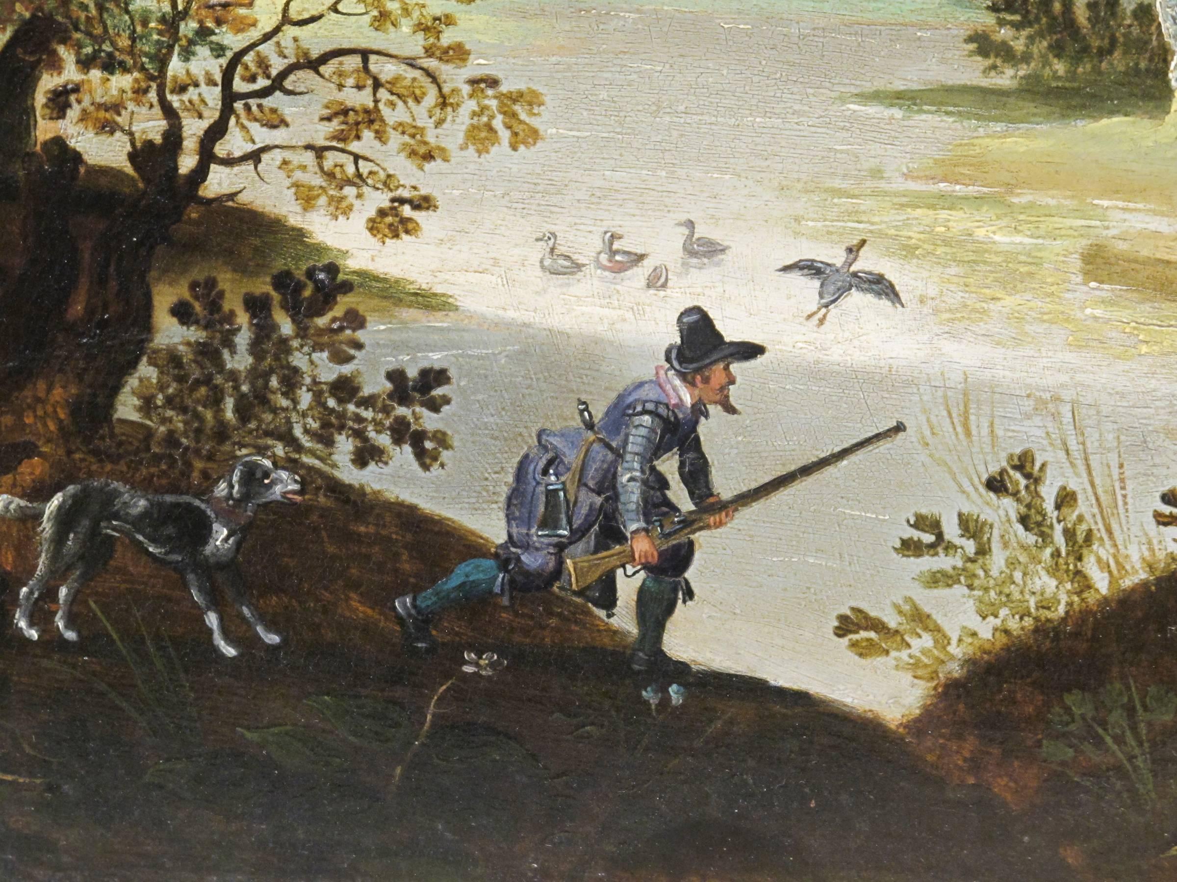 Hunters Shooting Geese, old masters Dutch painting pair attrib. to Vinckboons  - Black Landscape Painting by David Vinckboons