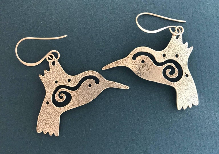Hummingbird, wearable art, silver earrings contemporary Navajo design - Art by Melanie A. Yazzie