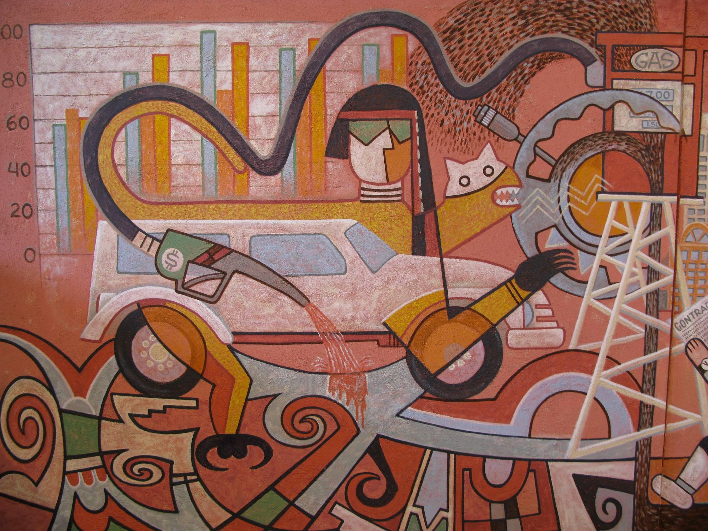 Changing Values, Michael Kabotie, Hopi, mural, red, black, brown, social comment - Painting by Michael Kabotie (Lomawywesa)
