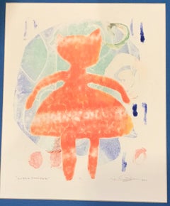 Little Dancer, unique mono print, cat girl, orange, blue, green