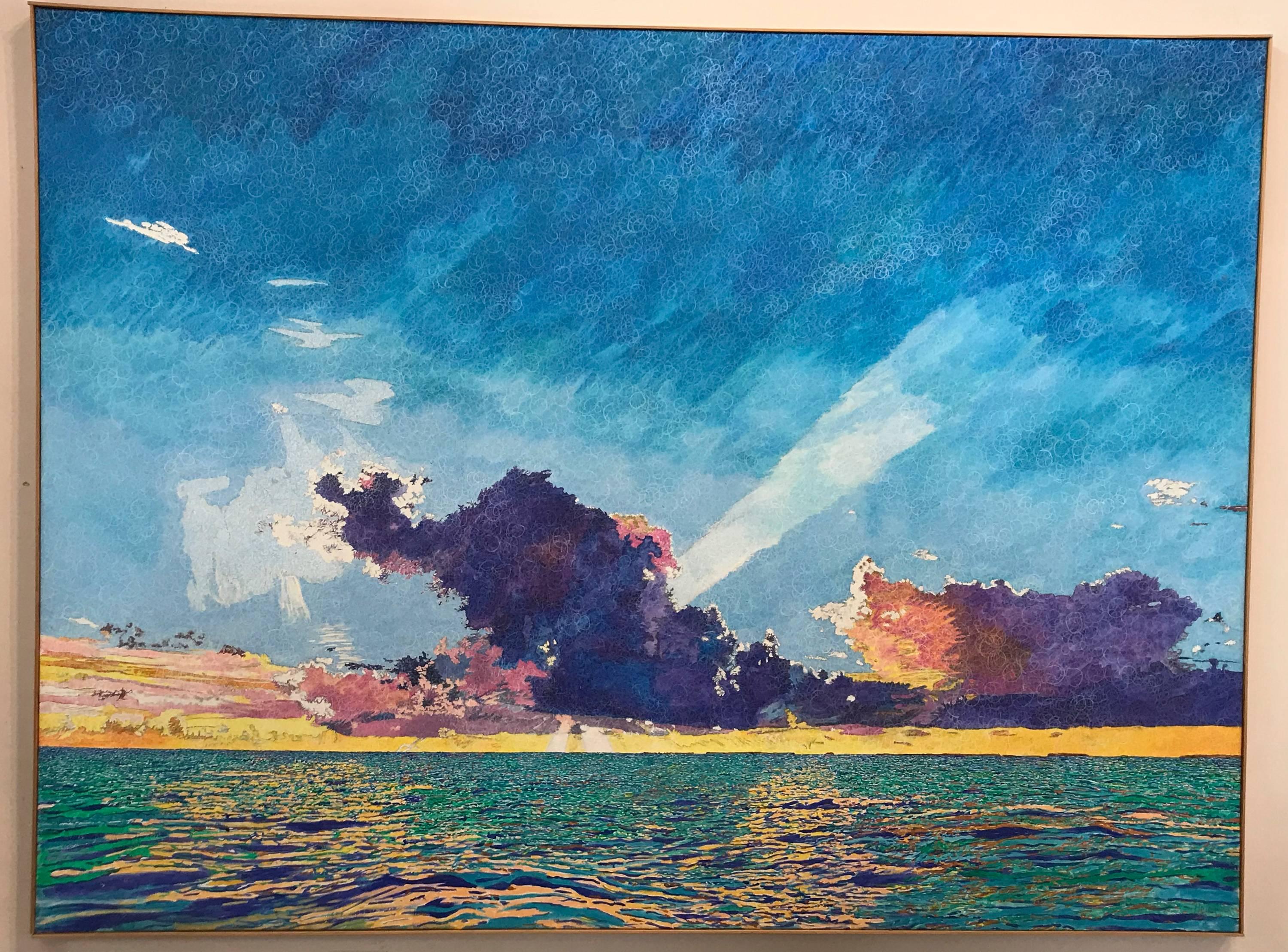 John Hogan Landscape Painting - Sunset Sea Clouds, Key Largo, blue, pink, green, textured painting, light, large