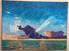 Sunset Sea Clouds, Key Largo, blue, pink, green, textured painting, light, large