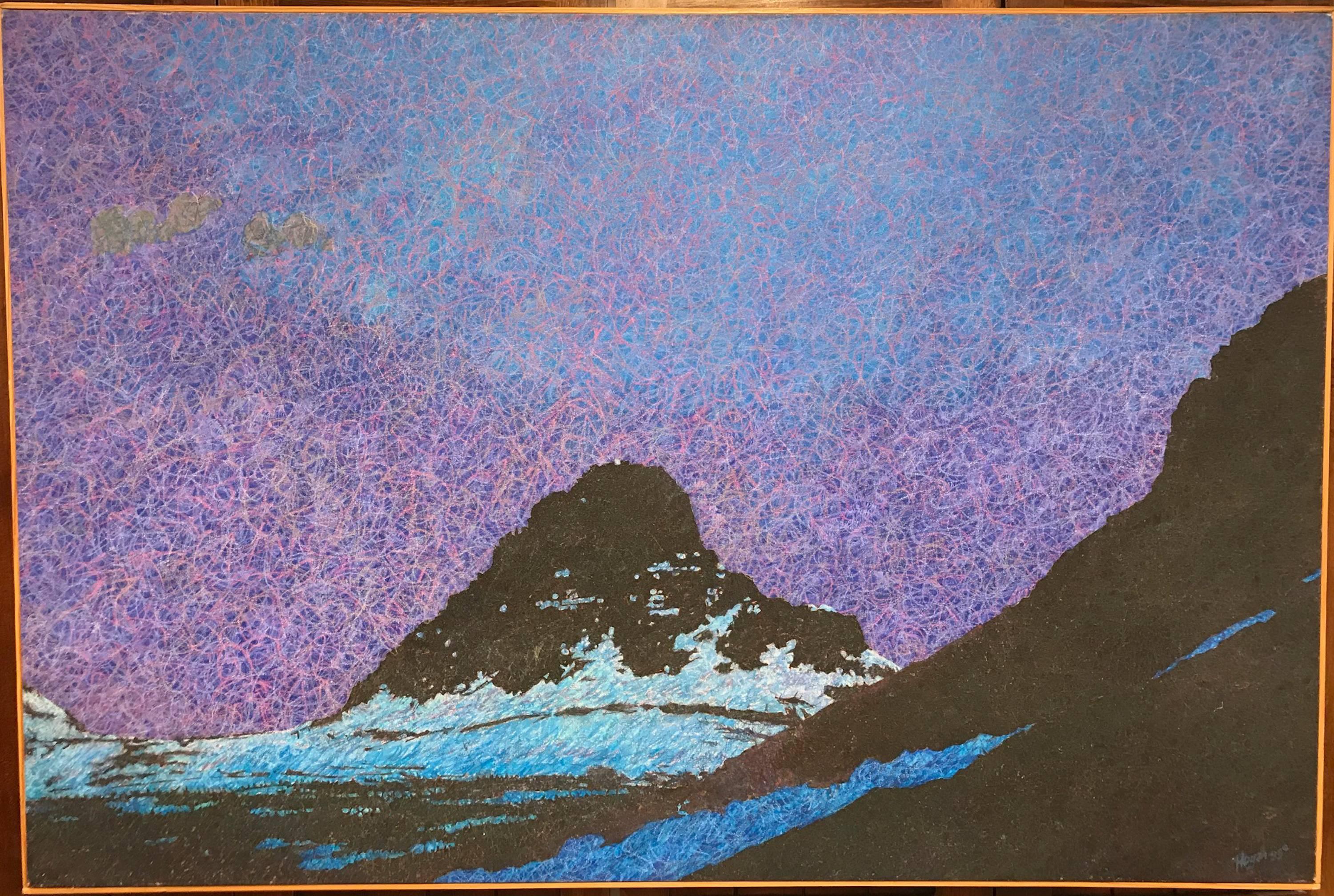 Peinture de paysage nuit, violet, bleu, noir, œuvre unique sur toile, couleur foncée