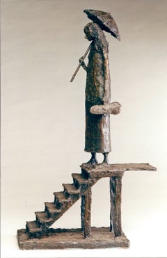 Vintage Stairway of Illusions, by Eduardo Oropeza, bronze sculpture, woman, violin