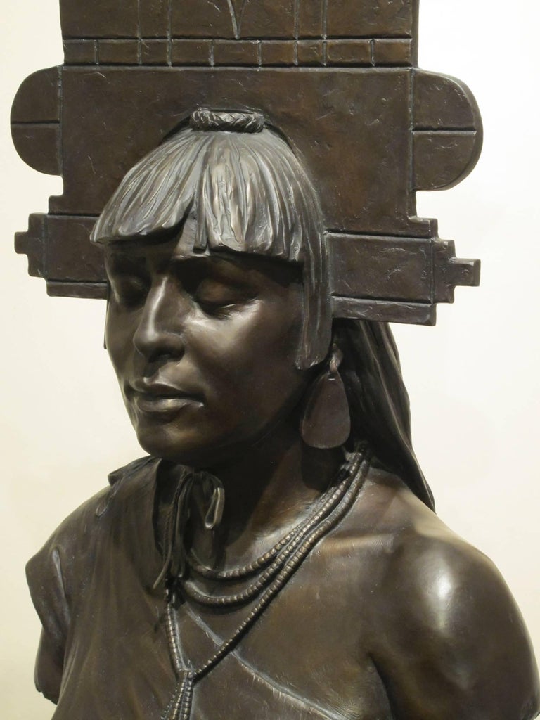 Tablita Paul Moore Pueblo Indian dancer, female headdress bronze limestone base  For Sale 1