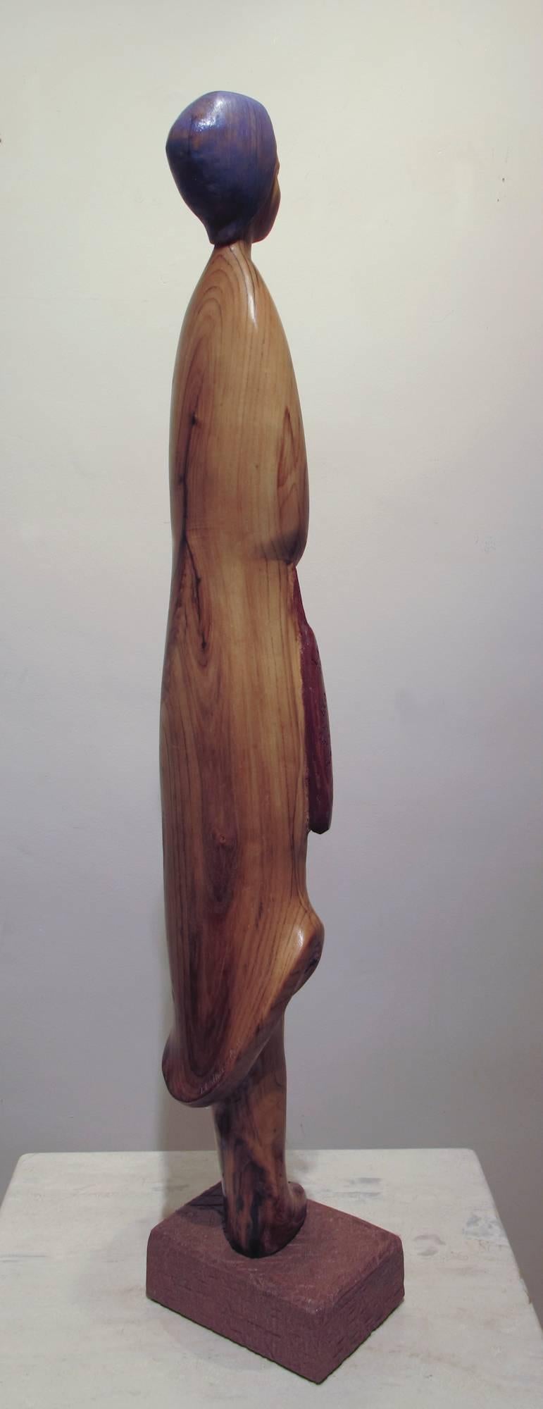 Organic Shopper, Troy Williams wood sculpture, female with grocery bag, Santa Fe 1