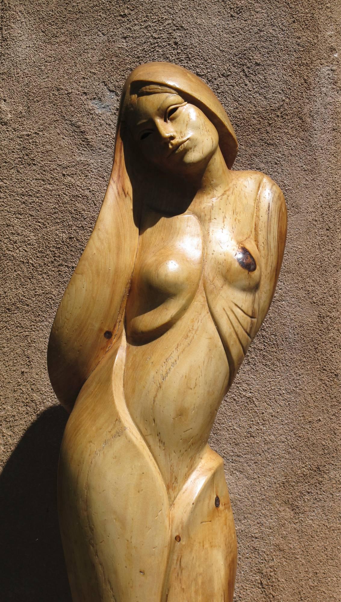 New Day by Troy Williams wood sculpture, female figure, Santa Fe artist 