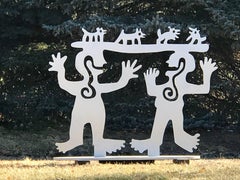 Deux esprits rencontrés, sculpture amérindienne contemporaine en aluminium argenté Navajo